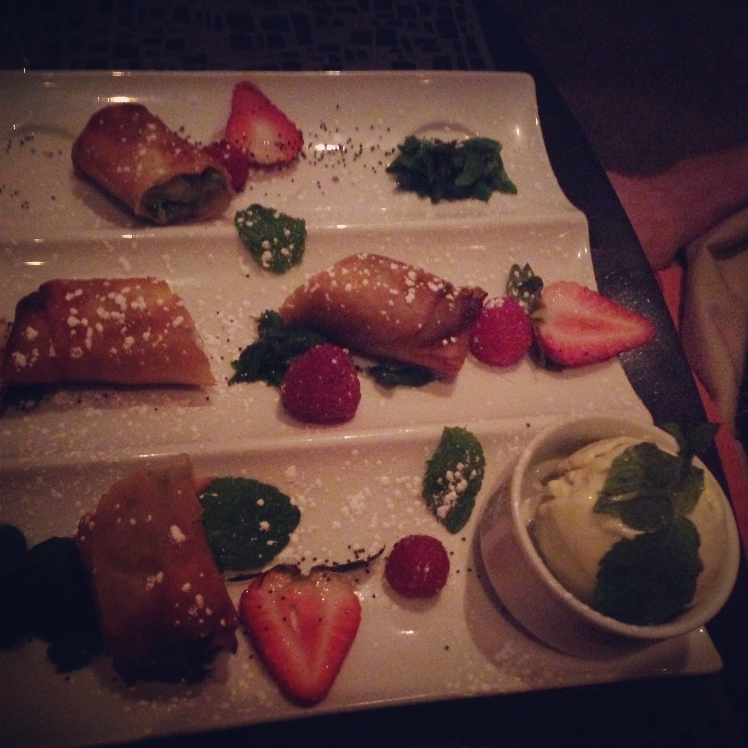 Sweet Asaparagus Beignets Laced with Almonds, Green Asparagus Ice Cream and Violet Syrup