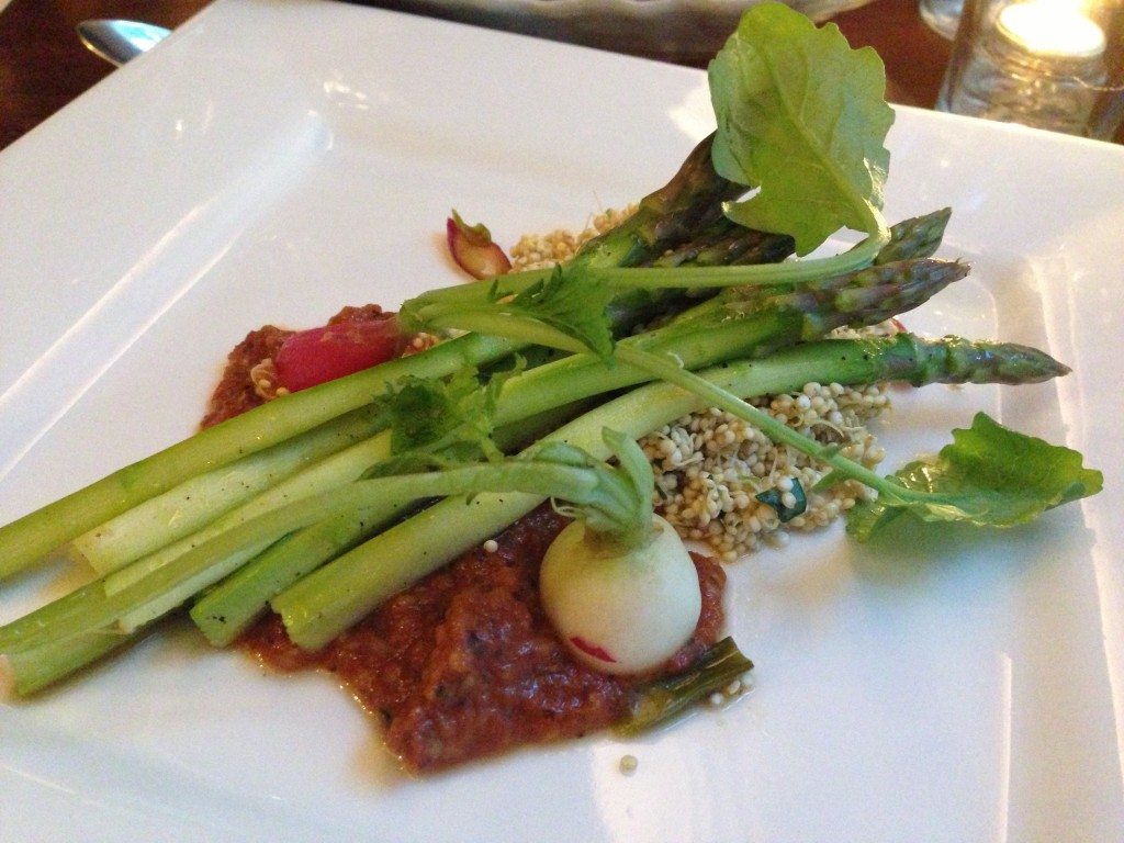 Green Asparagus and Sprouted Quinoa with smoked tomato fondue, dulse and pickled ramps