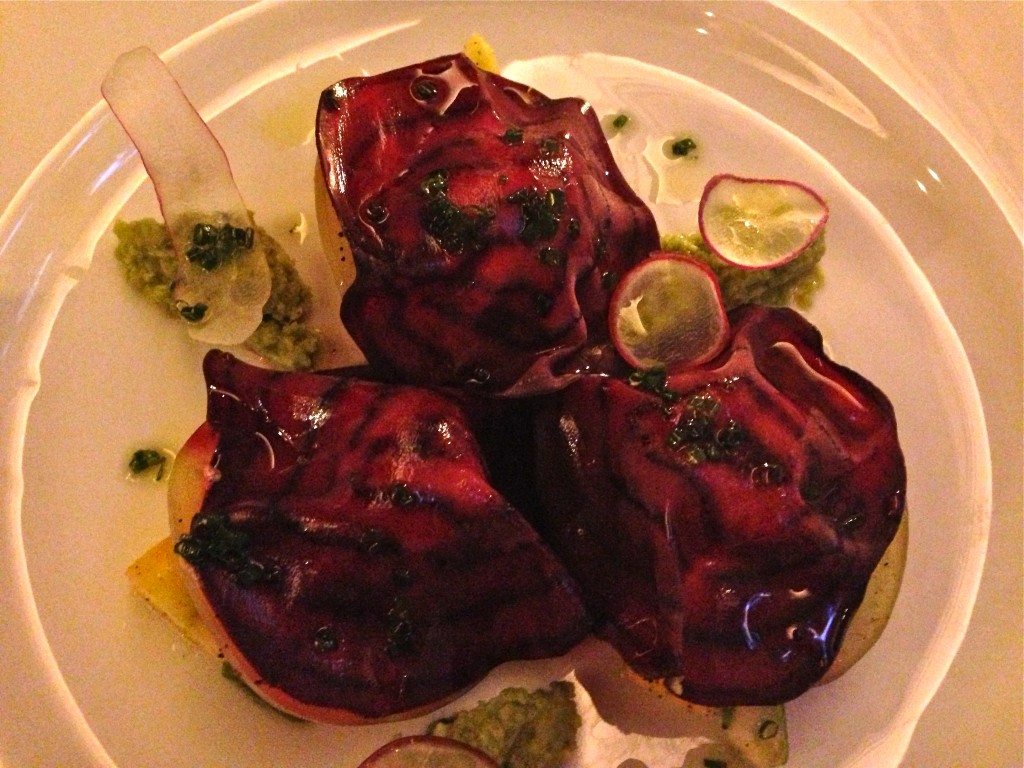 Green Tomato and Beet Ravioli, "crab," fave bean pesto, patty pan squash and cumin