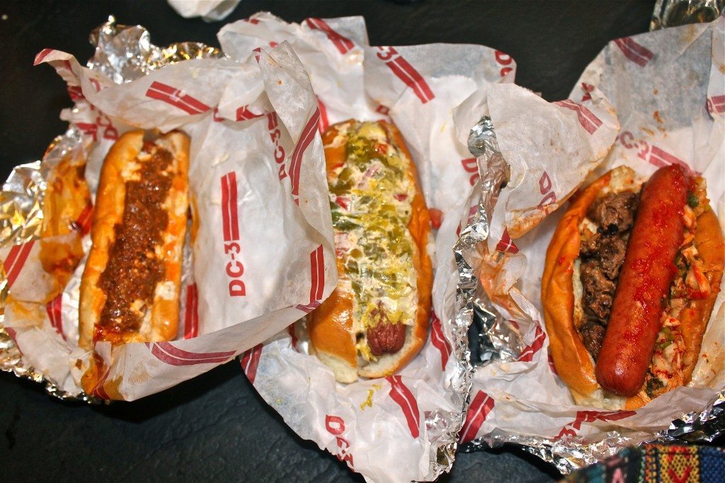 W. VA Chili Slaw Dog, Bacon Wrapped Tuscan Sonoran and a Seoul Bulgogi and Kimchi Dog