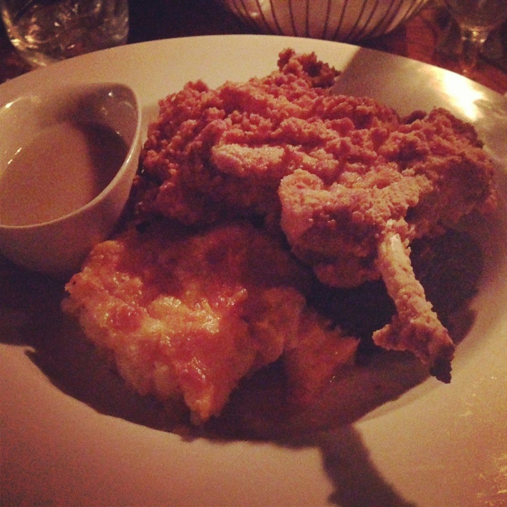 Fried pork chop, mac 'n cheese and collards.  They don't mess around.