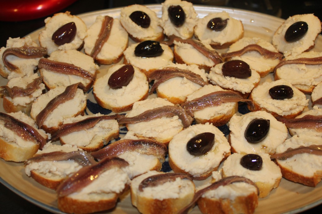 Cannellini bean crostini with olives and anchovies.