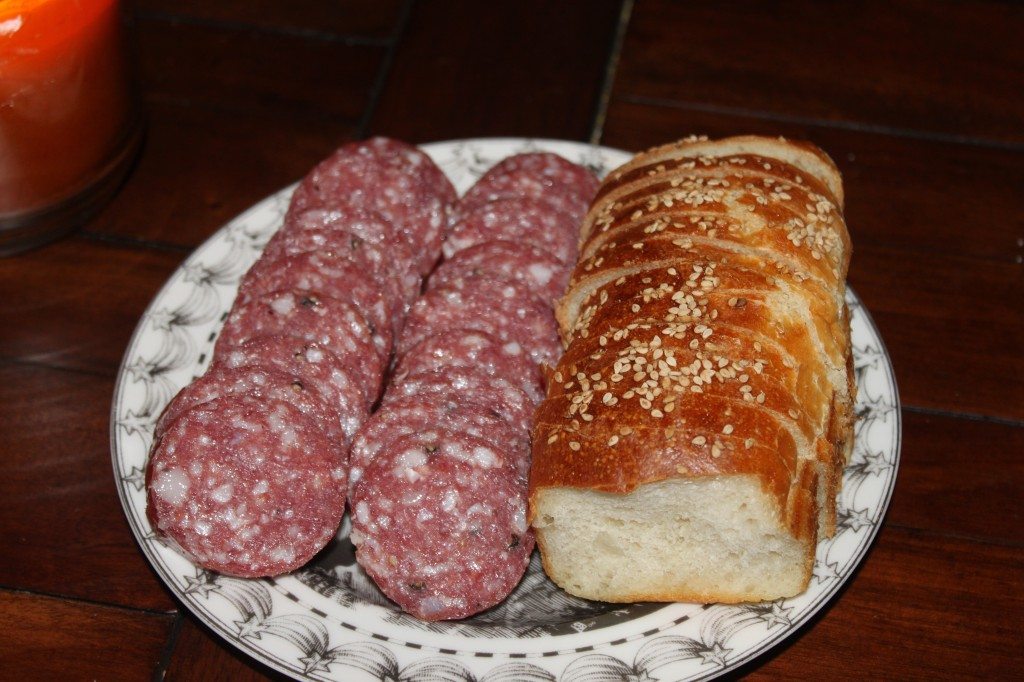 Kelly's homemade "snow day" bread with spicy soppressata.