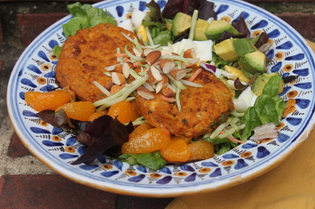 Lunch is two salmon cakes on this Asian Style Cobb Salad (recipe below)