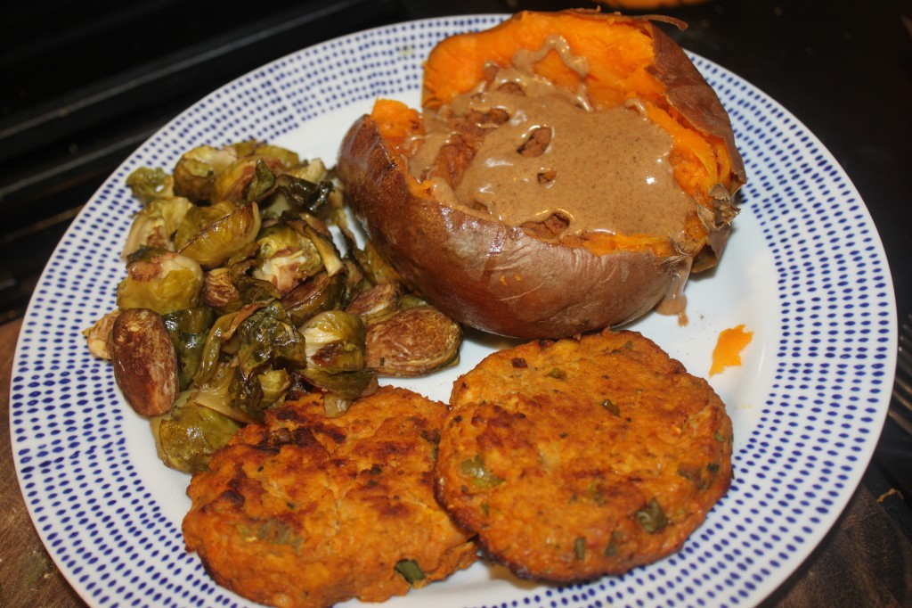Supper is two salmon cakes with a baked sweet potato with almond butter and roasted Brussels sprouts (something else that I just don't ever get sick of!)