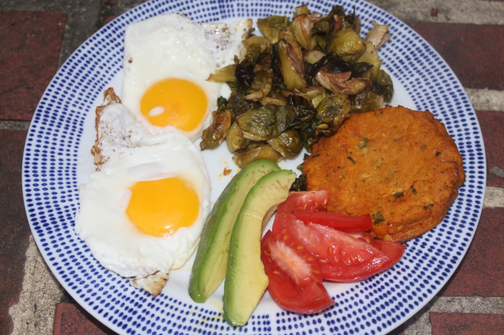 Breakfast is a salmon cake with fried eggs, avocado, tomato and roasted Brussels sprouts.  This was an awesome flavor combo!  You could even use two of them to make a breakfast sandwich!