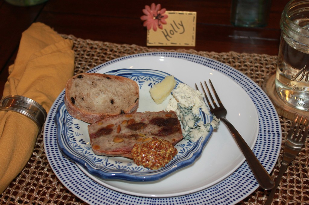 Appetizers: Prosuitto Wrapped Date and Pistachio Pork Terrine and a taste of cheese!