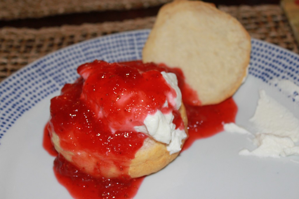 3rd Course: Flaky Biscuits with Elderflower Cream and Homemade Strawberry Preserves.