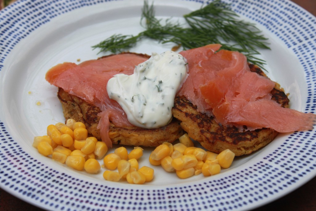 4th Course: Corn Griddle Cakes with Smoked Salmon and Lemon Dill Sauce.