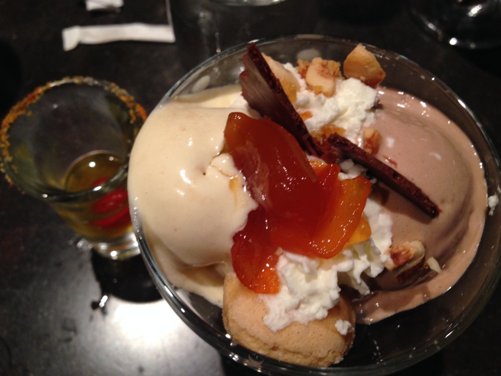 Vanilla and chocolate ice cream with jelly, chocolate crunch bar, hazelnuts and a liqueur soaked lady finger at Alba Osteria.