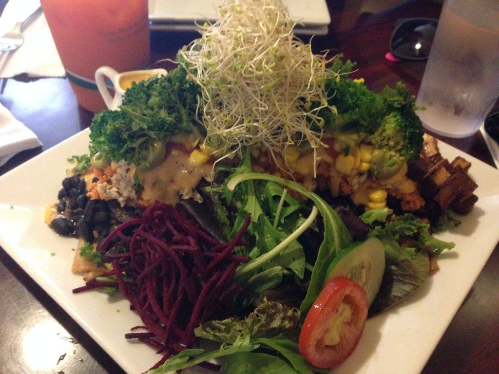 Kilimanjaro Quesadilla at Stuff I Eat in LA.  Topped with vegan cheese sauce, wild rice, smoked tofu, black beans, sautéed Portobello mushrooms, mock chicken salad, carrot un-tuna salsa, corn, guacamole, sautéed broccoli, chopped kale, and sprouts.  All vegan and organic, this mountain easily fed two of us!