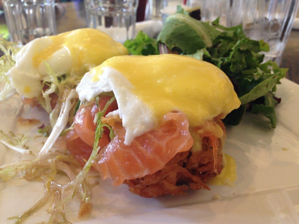 House cured salmon benedict on a shredded potato pancake at Square One Dining in East Hollywood. 