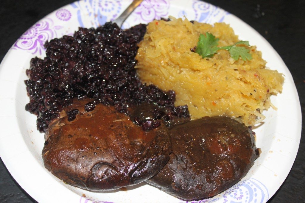 Portobello Mushroom Steaks with Spaghetti Squash and Purple Rice.