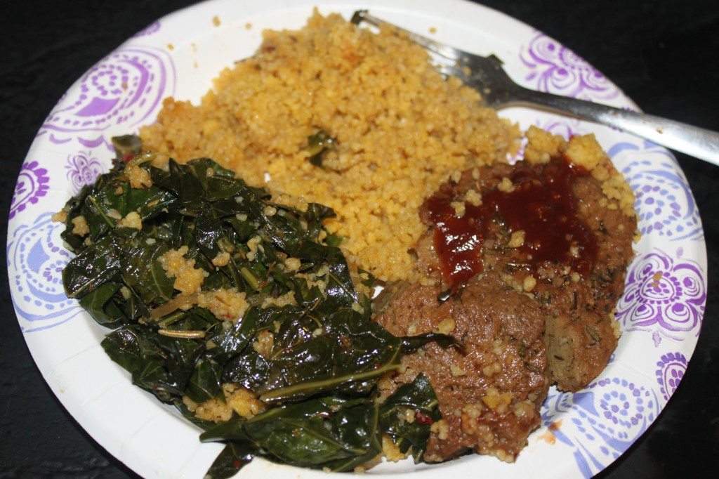 Jamaican Jerked Seitan Patties with Braised Collards and Mango Cous Cous.