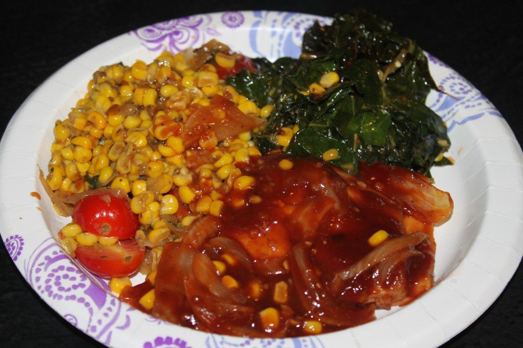 Smoked BBQ Tofu with Off the Cob Corn and Tomato Saute and Braised Collards.  My favorite of the meals!