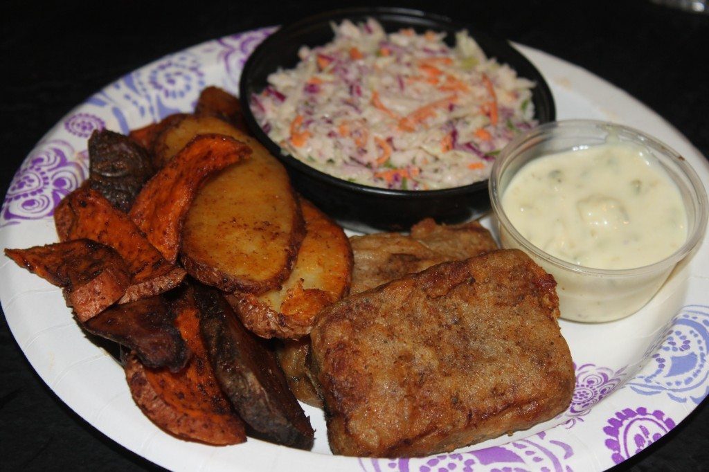 Tempeh Fish and Dirty Chips with Slaw and Vegan Tartar Sauce.  My second favorite!