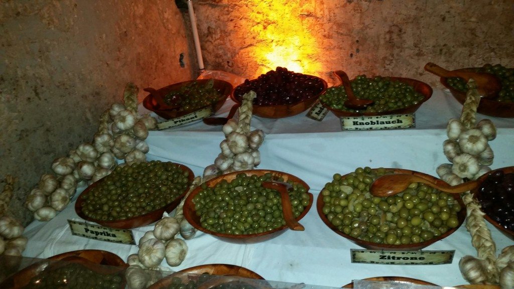 A wide selection of olives in the Christmas market in Traben Trarbach.