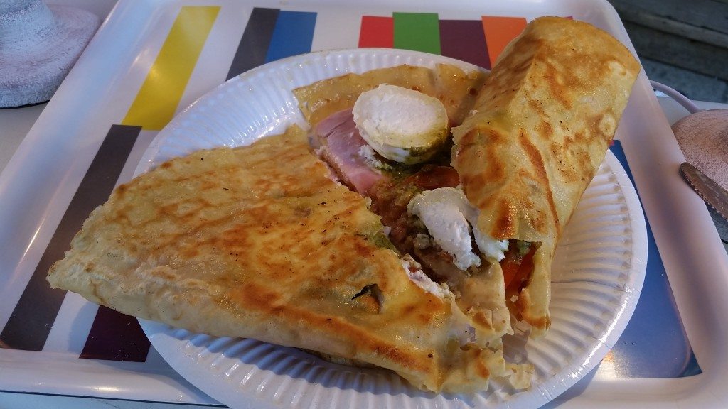 This crepe may have been non-traditional but man was it good.  Goat cheese, tomato, pesto and jamon.