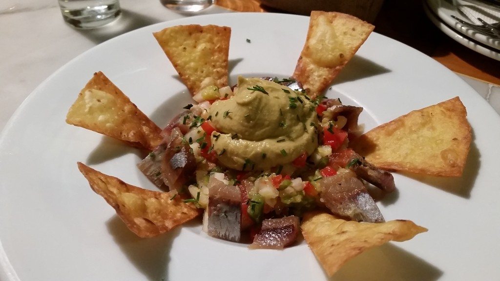The most incredible sardine ceviche, garnished with avocado puree.