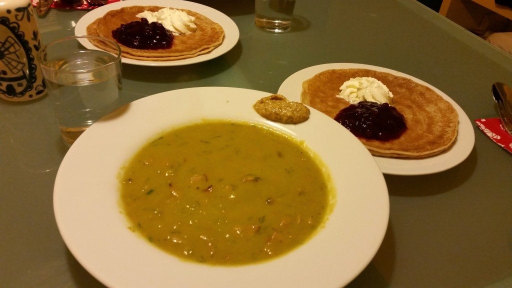 It is a Swedish tradition to eat pea soup and pancakes on Thursdays.  The tradition dates back to the 15th century when Sweden was primarily Catholic and a large meal was served before fasting the Friday fast.  The tradition is still practiced in the Swedish military.  The pancakes are crepe-like and served with ligonberry jam and cream.