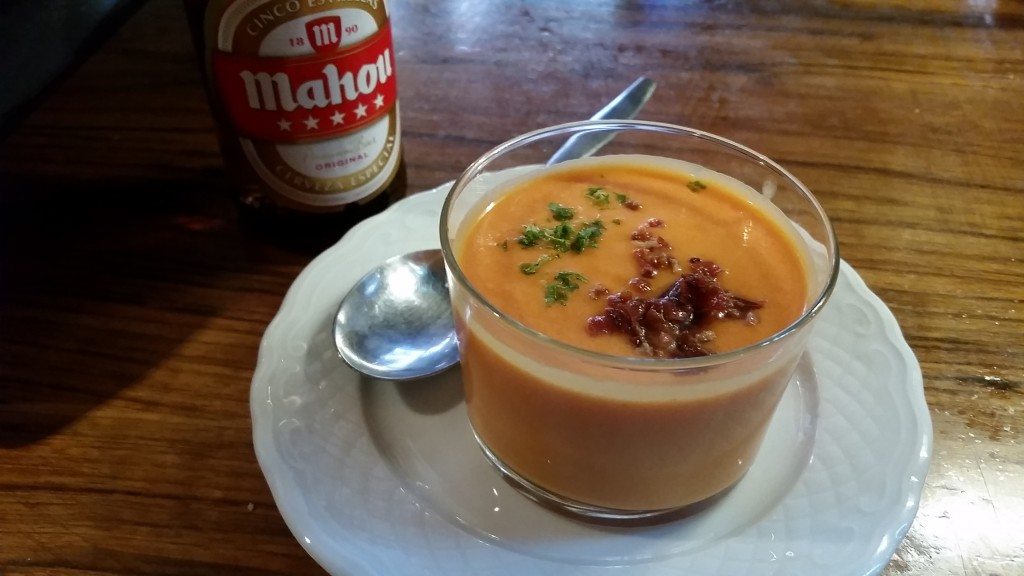Salmorejo, an Analusian tomato soup that's thicker than gazpacho and often garnished with jamon.