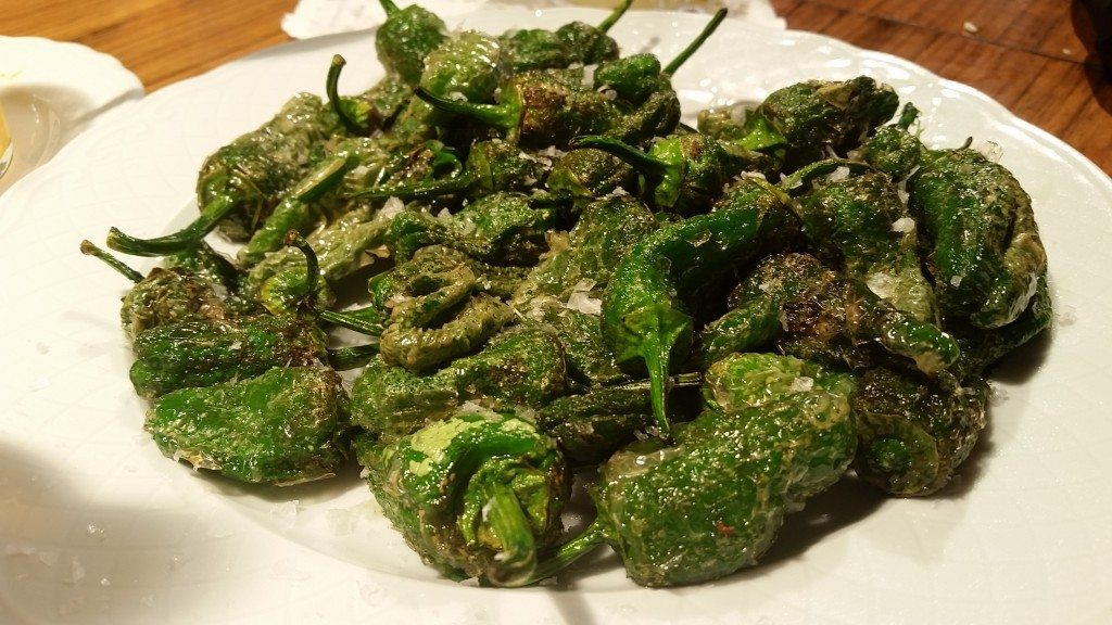Padrón peppers fried and sprinkled with coarse sea salt.