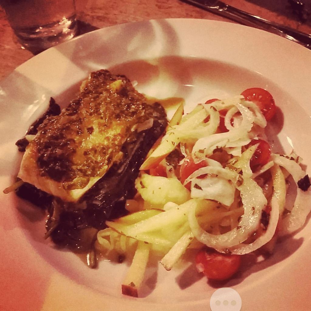 Halibut on a bed of spinach topped with lemon basil pesto with a tomato fennel salad. How had we never made it to Lavagna before now?