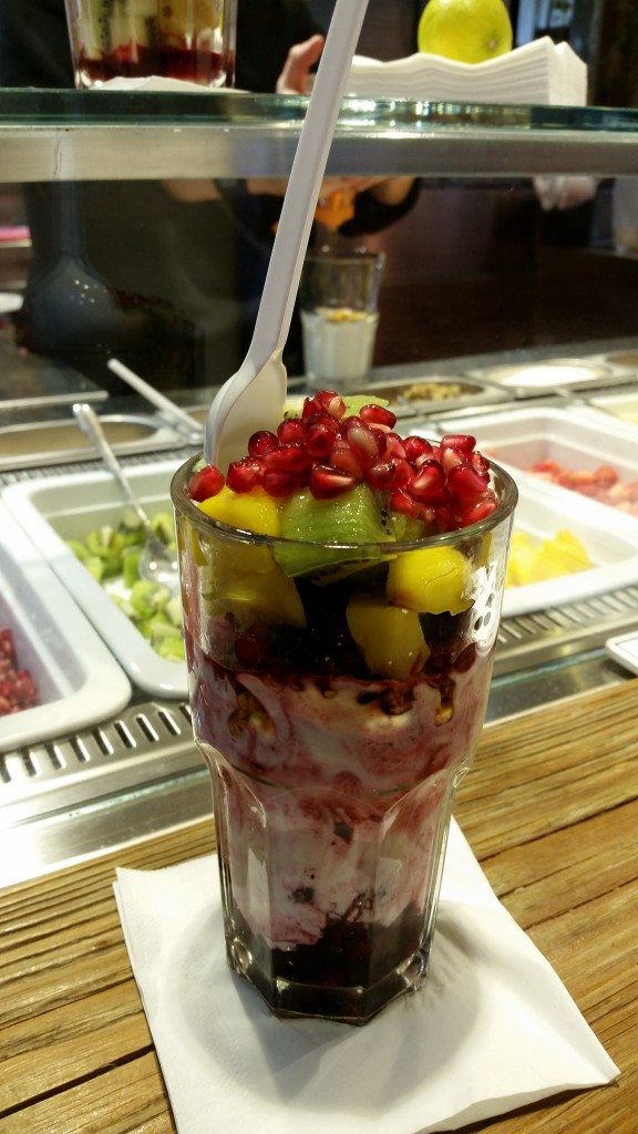 Am amazing yogurt parfait, filled to the brim with fresh fruit, found on a street corner in Venice.