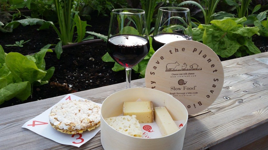 Wine and cheese at the slow food pavillion at the World Expo