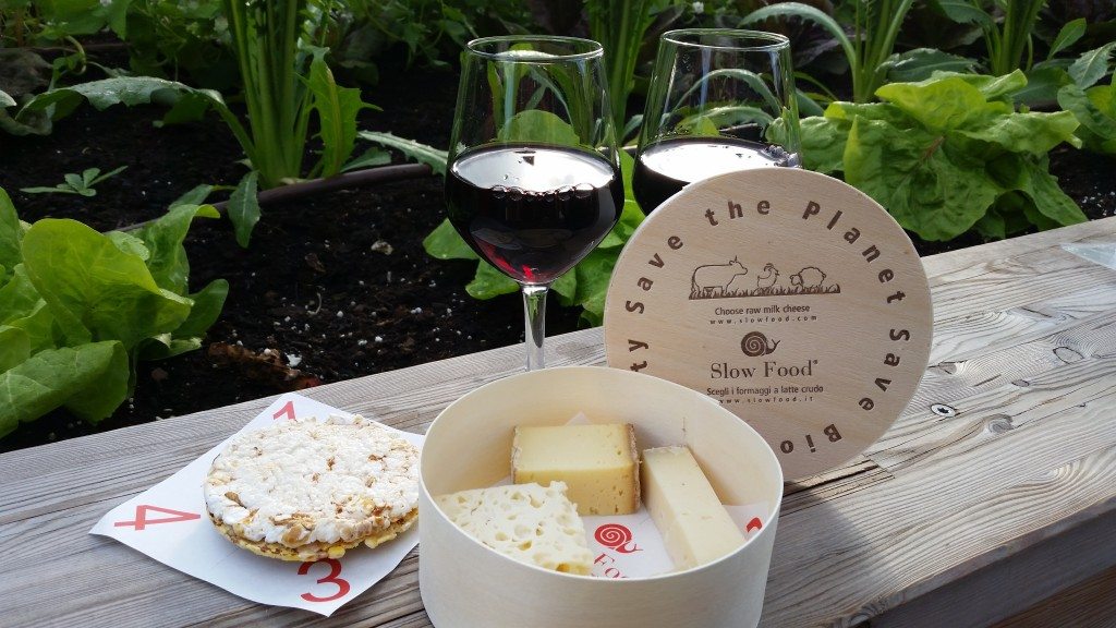 Wine and cheese at the slow food pavillion at the World Expo