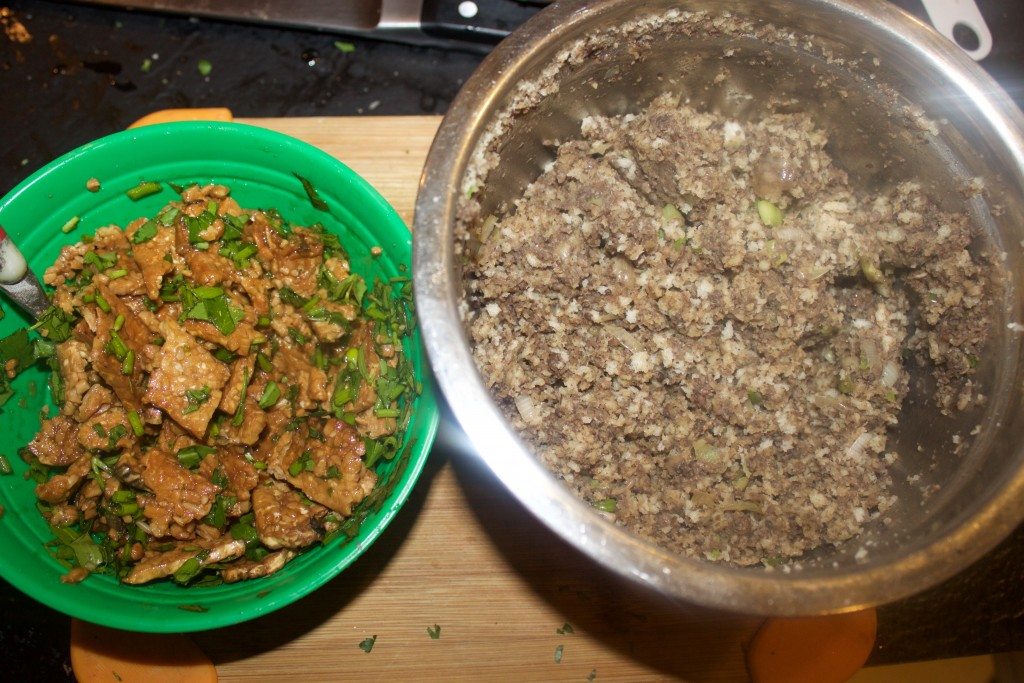 Tempeh bacon on the left, mushroom mixture on the right.