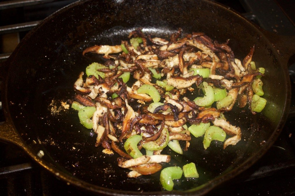 Mushrooms, celery and scallions simmering.