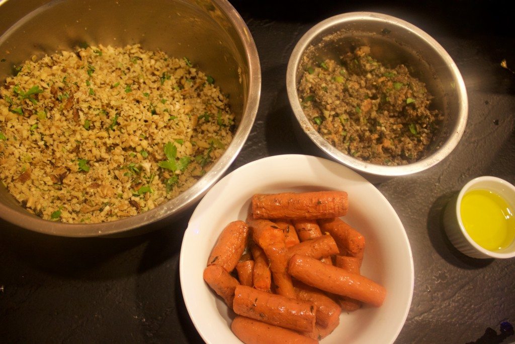 Set out your bowls of cashew/bean mixture, mushroom duexelles, carrots and olive oil.