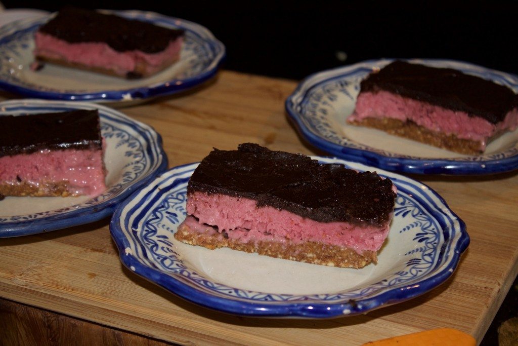 Raw vegan dark-chocolate covered raspberry cream bars. My first dessert in a month!