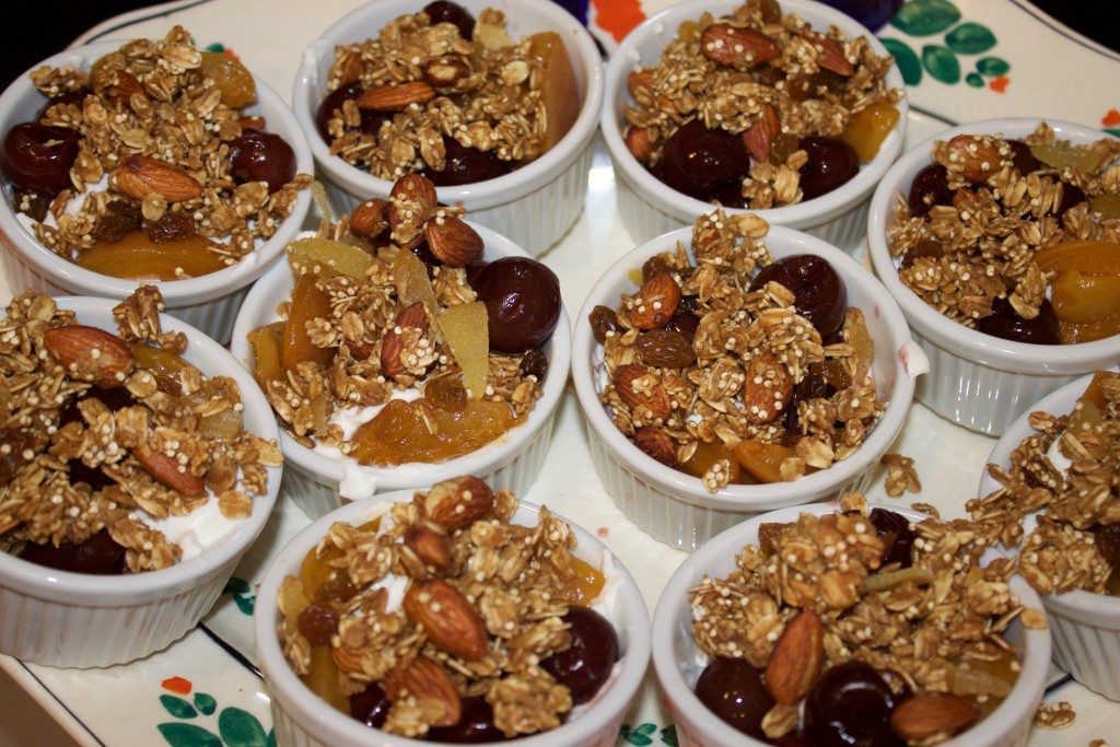 Chai Quinoa granola with greek yogurt, cherries and apricots.