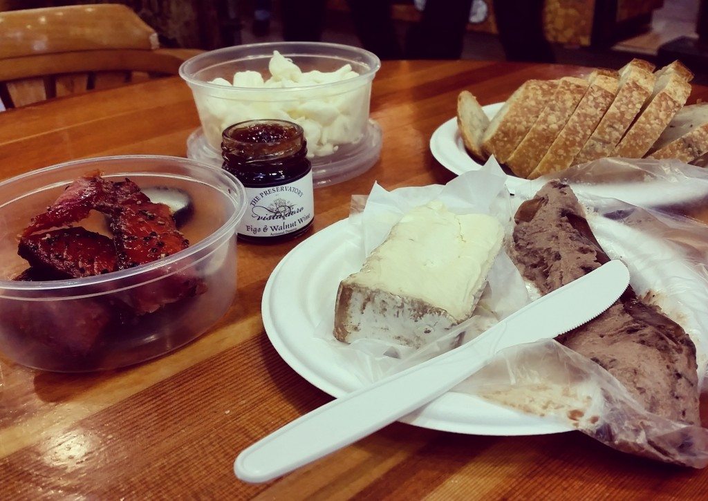 Duck and fig pate, soft goat brie, fig spread, cheese curds, fresh rosemary bread and two types of cured salmon.