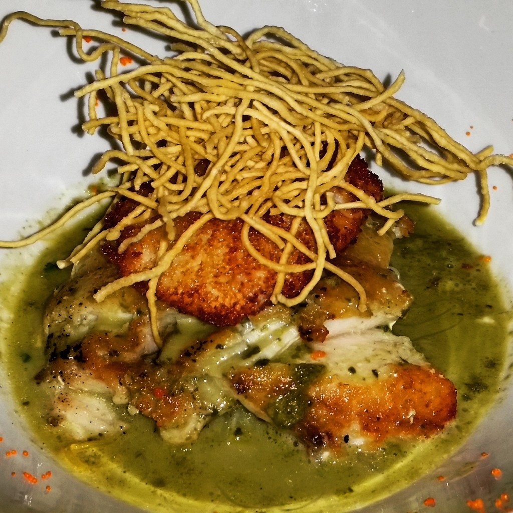 Crab & Fish Stew - local catch, shrimp and rock crab cake, green curry broth, noodle pouch and roasted squash. 