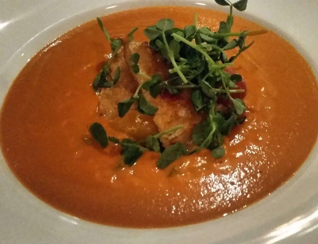 Tomato soup with grilled cheese sandwich croutons