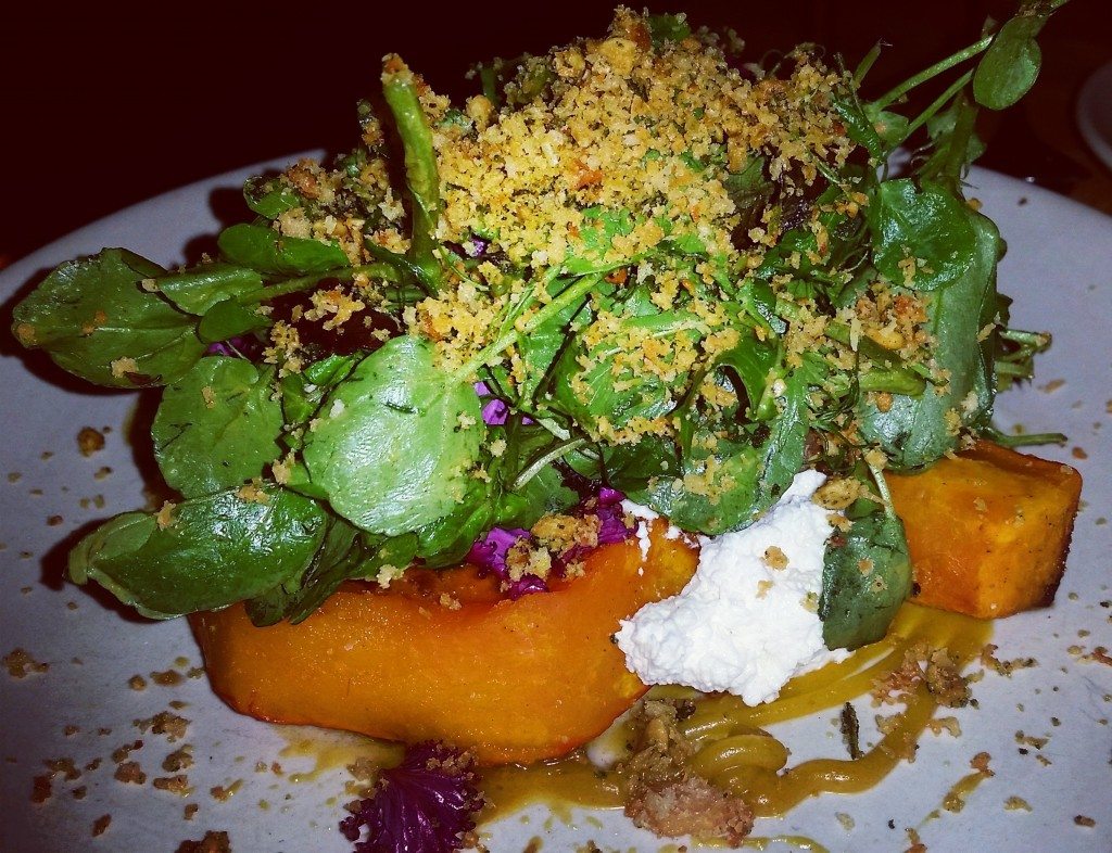 Roasted squash salad with sage crumbles and creamy ricotta.
