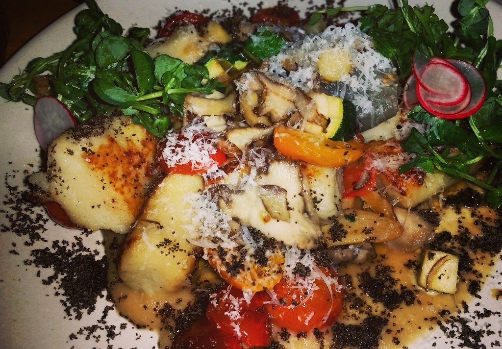 Pillowy onion gnocchi with assorted mushrooms, whole roasted garlic, zucchini, tomatoes and a lovely puree. 